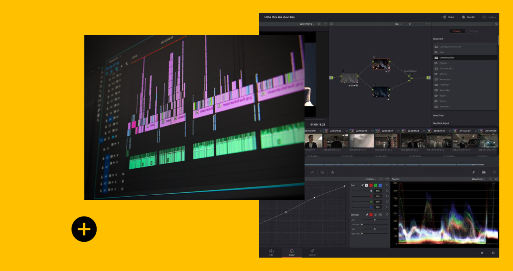 A video editing workstation displaying editing software and tools in use on a production timeline.