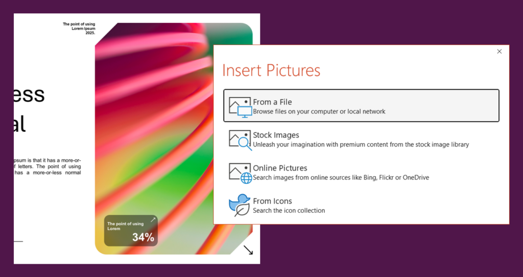 A designer crafting a presentation slide using an efficient design process, showcasing how our streamlined approach makes it easy to add images and enhance slides quickly.