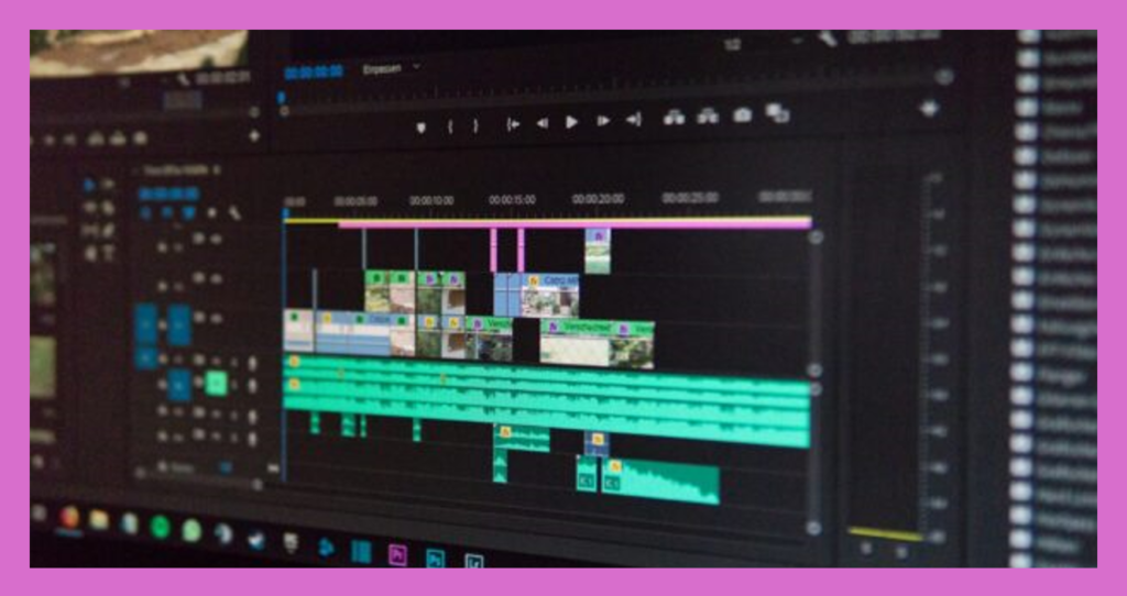 A professional editing suite with video production tools in use, showcasing video editing on a timeline.