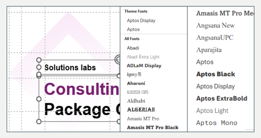 Close-up of a presentation slide with text being adjusted, showcasing fine-tuning of typography and text formatting for improved readability and design.