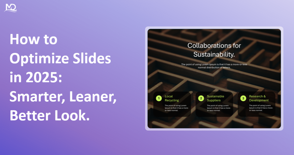 Illustration titled "How to Optimize Slides in 2025 – Smarter, Leaner, Better, Look" featuring stacked file icons for PPTX, Google Slides, and HTML alongside performance charts and a downward arrow, symbolizing presentation optimization and reduced file size.