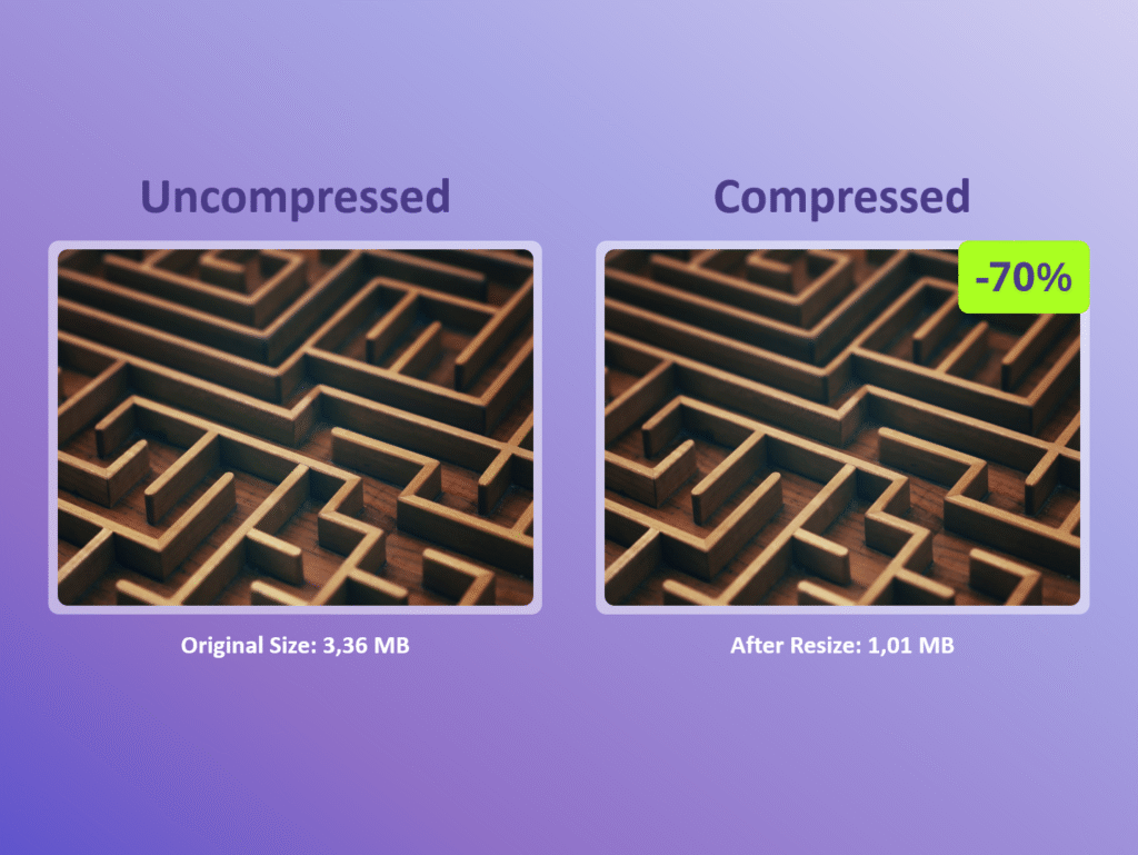 Side-by-side comparison of two presentation slides, one with a large uncompressed image showing a larger file size, and the other with a compressed version showing minimal visual difference and reduced file size, demonstrating effective slide optimization.